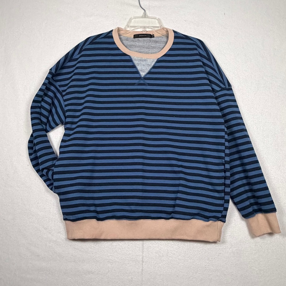 Zesica Striped Sweatshirt Blue Navy Peach Trim‎ Crewneck Size M Pockets